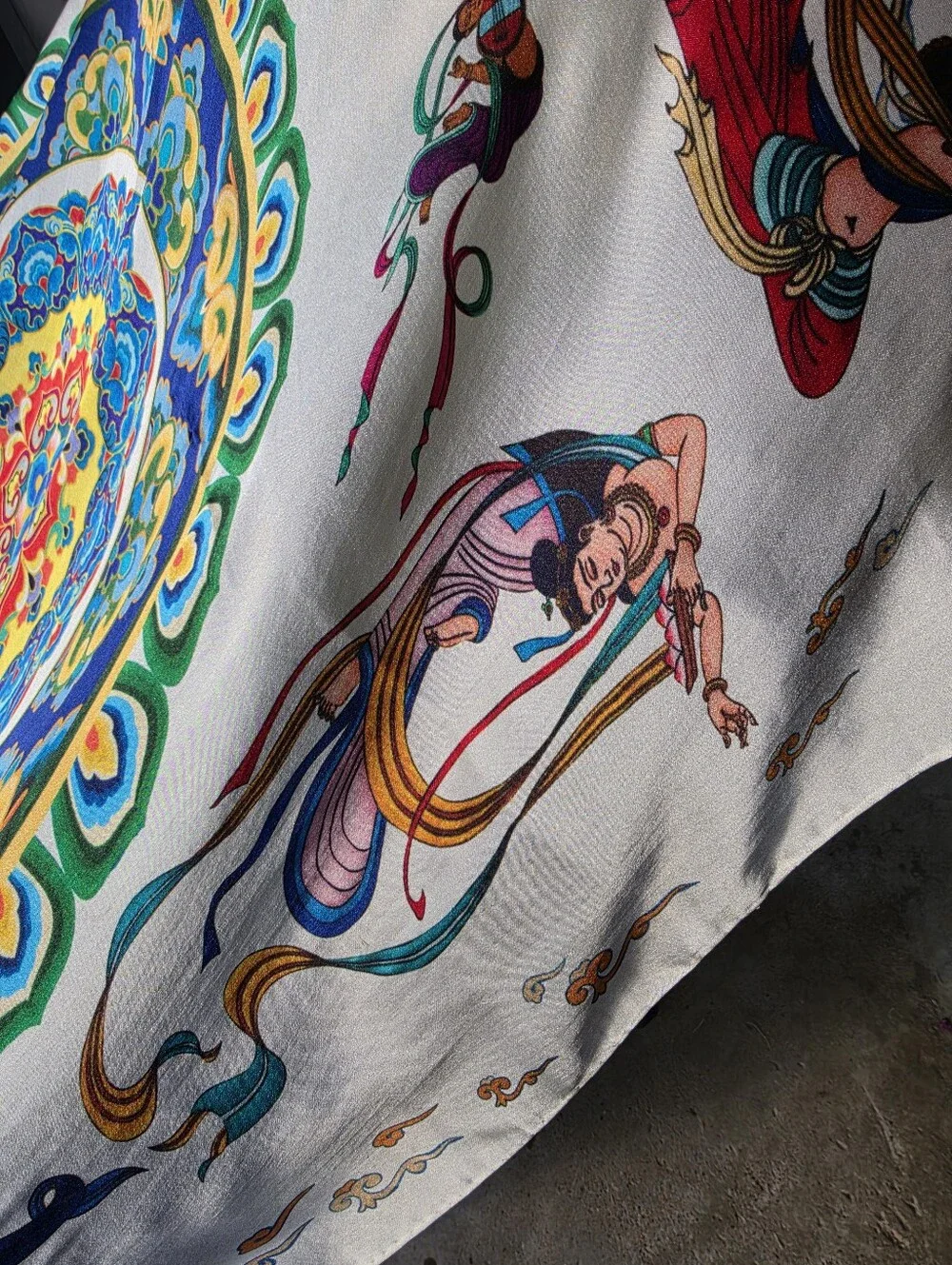 Vintage 100% Silk Scarf Hand Rolled Hem.  DunHuang Art 43x41